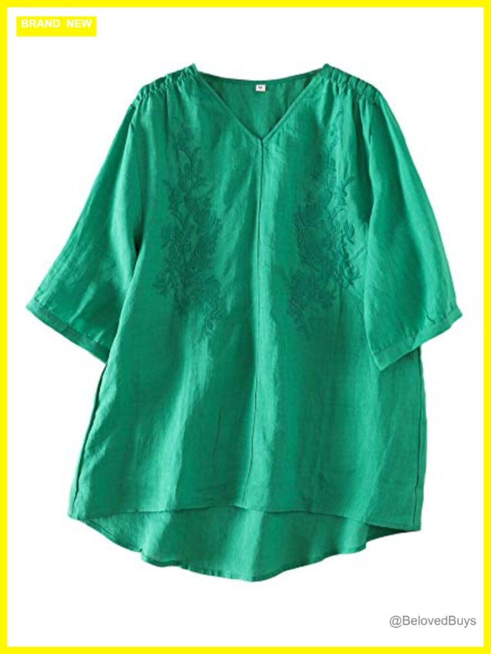 Linen Embroidery V-Neck Tunic Blouse Elbow Sleeve Loose Fit Casual Top